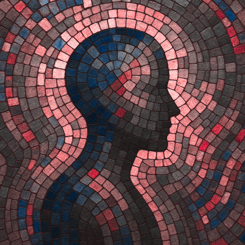 Ein Mosaik einer Person in dunkelen Tönenem verschidene Kacheln sind stärker hervorgehoben
