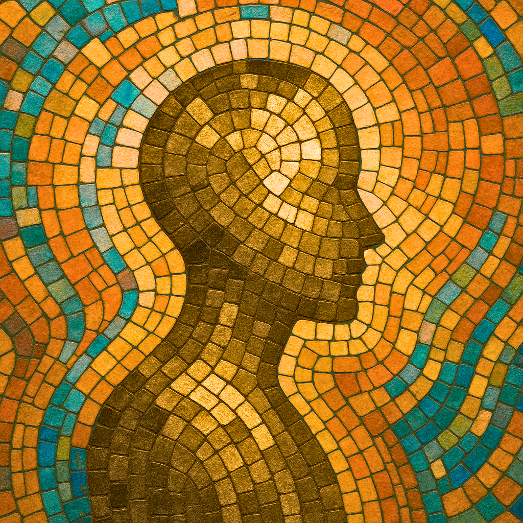 Ein Mosaik einer Person in goldtönen mit buntem Hintergrund aus vielen vekleinen Kacheln