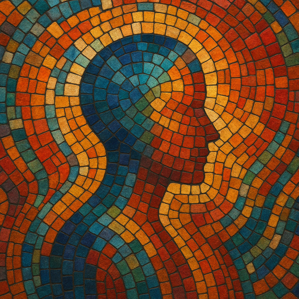 Ein Mosaik einer Person aus vielen kleinen farbigen Kacheln