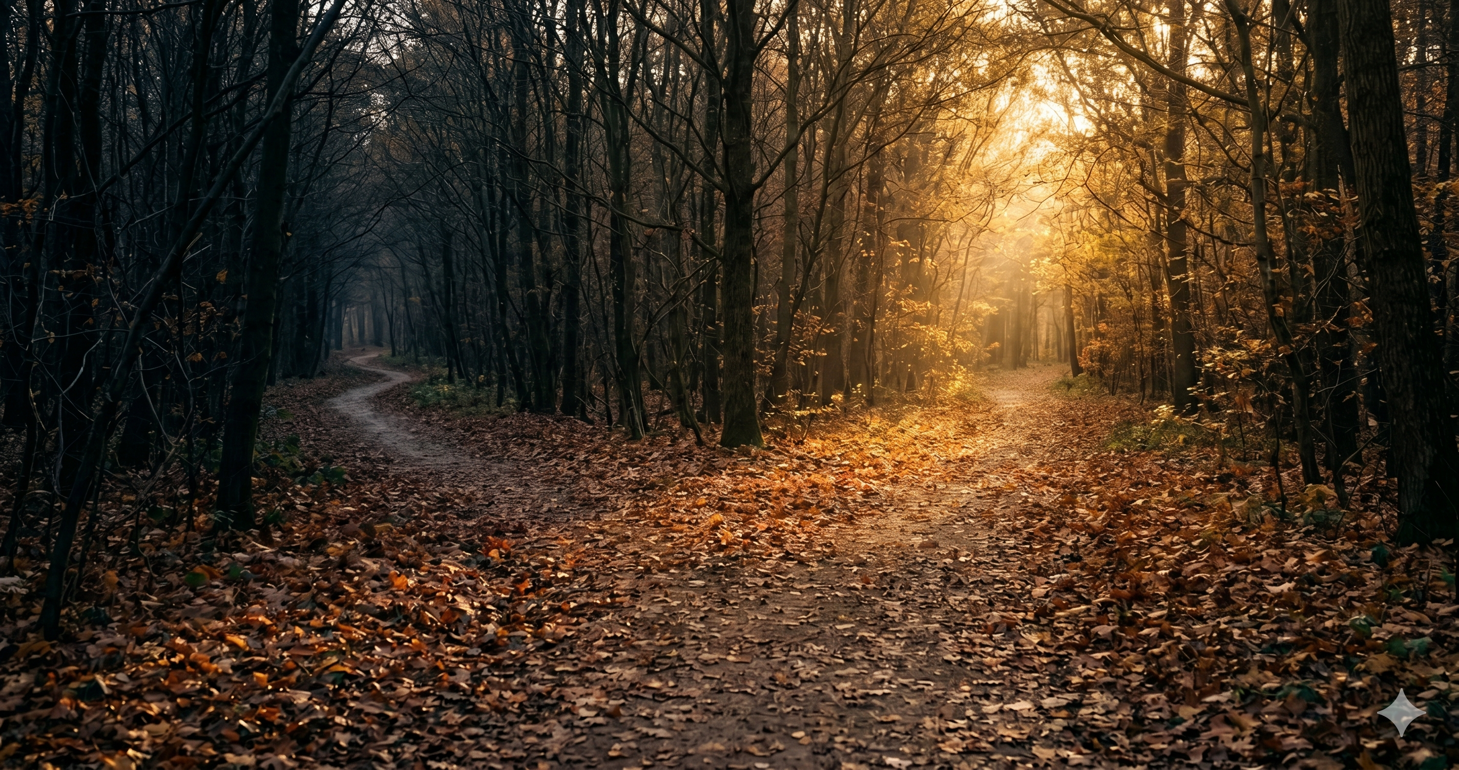 Ein Waldweg führt durch dunkle Bäume ins warme Licht